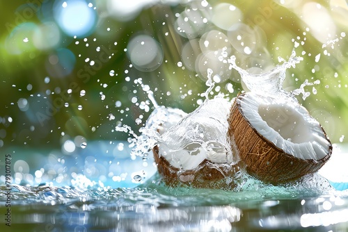 Coconut water, natures own sports drink, drips from a freshly cracked shell, offering a taste of the tropics and replenishing electrolytes with every refreshing gulp photo