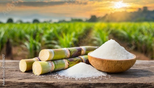 White Sugar with fresh Sugar cane on wooden table with Sugar cane plantation farming background. photo