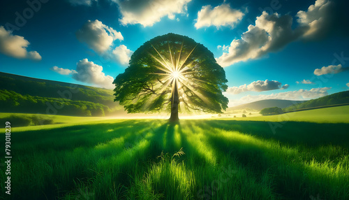 Radiant sunrays pierce through the silhouette of a solitary tree, casting long shadows over a vibrant, green meadow