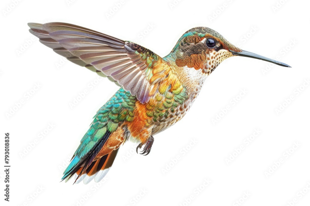 Obraz premium Hidden beauty of a tiny hummingbird, its iridescent feathers shimmering like precious jewels in the sunlight, isolated on pure white background.