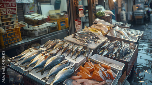 Fish market in Japan, with various types of fresh fish offered for sale