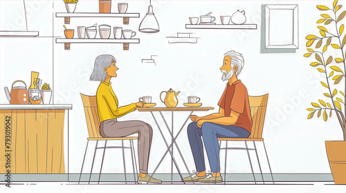 An elderly married couple, a man and a woman with gray hair, are sitting at the kitchen table and drinking delicious and fragrant tea. Family traditions. Illustration photo