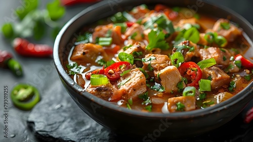 Sinigang na Baboy: A Filipino Pork Meat Soup on a Dark Slate Background. Concept Filipino Cuisine, Pork Soup, Savory Dish, Dark Background, Food Photography photo