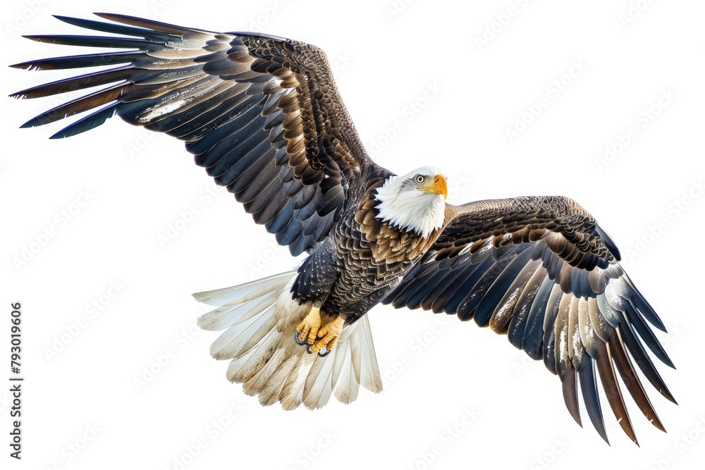 Naklejka premium Grace of a soaring eagle, its wings outstretched against the clear blue sky, exuding freedom and power, isolated on pure white background.