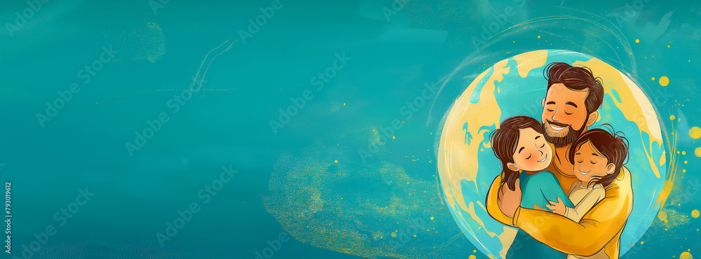 Naklejka premium Against the background of the layout of the big planet Earth, a happy dad hugs his two little daughters. Family Day and Father's Day. Banner, place for text