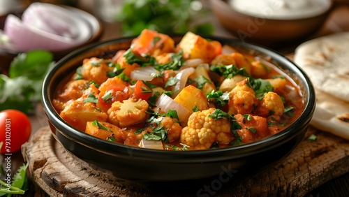 Spicy Indian cauliflower and potato curry with tomatoes onions and roti. Concept Indian Cuisine, Vegetarian Recipes, Spicy Curry, Potatoes, Cauliflower