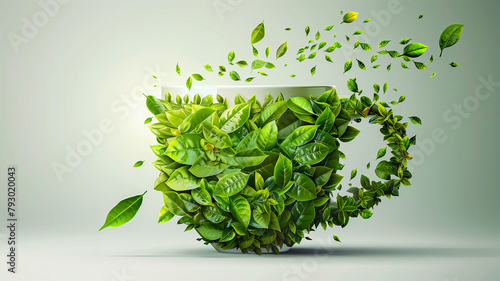 Abstract tea mug and flying green tea leaves. Illustration, the concept of cheerfulness and a break during work, time alone, rest