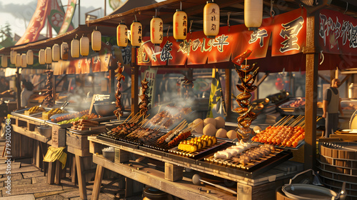 street snacks in Japan, such as takoyaki or okonomiyaki, which tempt the taste buds photo