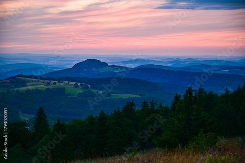 Wasserkuppe - panoramic view from the Radom observatory on the Wasserkuppe in the Hessian Rhön in summer towards Fulda in the sunset, Hessen, Germany 