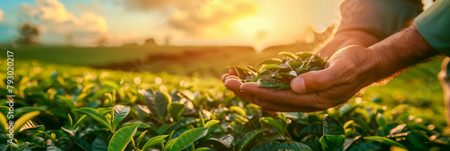Human hands in close-up collecting tea leaves on a warm sunny day on a large tea plantation in Asia. Banner, place for text photo