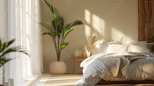 bedroom with daylight cosy interior background, clean cosy interior