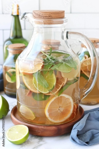Cold water or juice coctail with oranges, citrus, mint leaves, lemons or lime