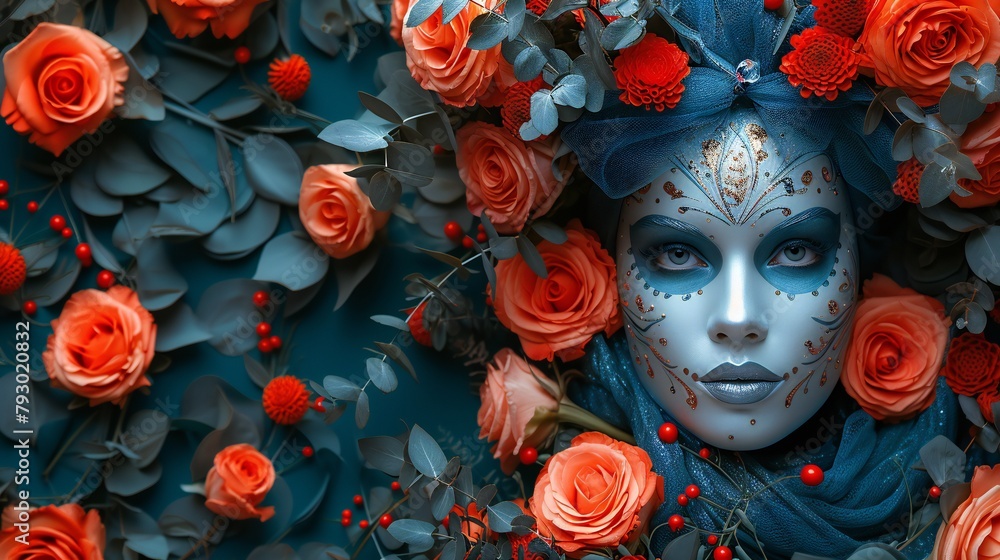 Mask face and floral arrangement with copy space