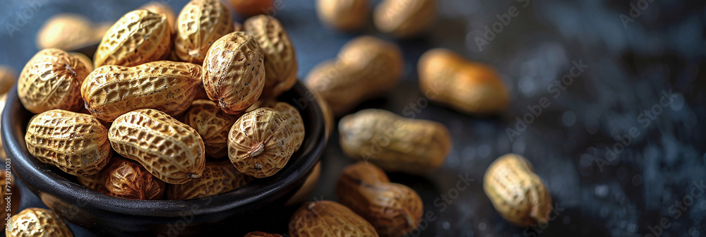 Macro closeup photograph of peanuts on a black wooden bowl Macro closeup photograph of peanuts on a black wooden bowl