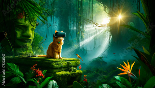 Cat with VR headset in a mystical jungle, evoking the fusion of ancient worlds and modern technology photo