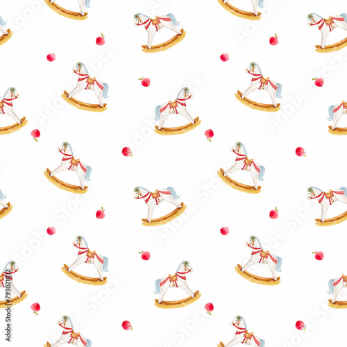 Beautiful watercolor hand drawn seamless pattern with cute rocking horse toy. Children toy horse clip art.