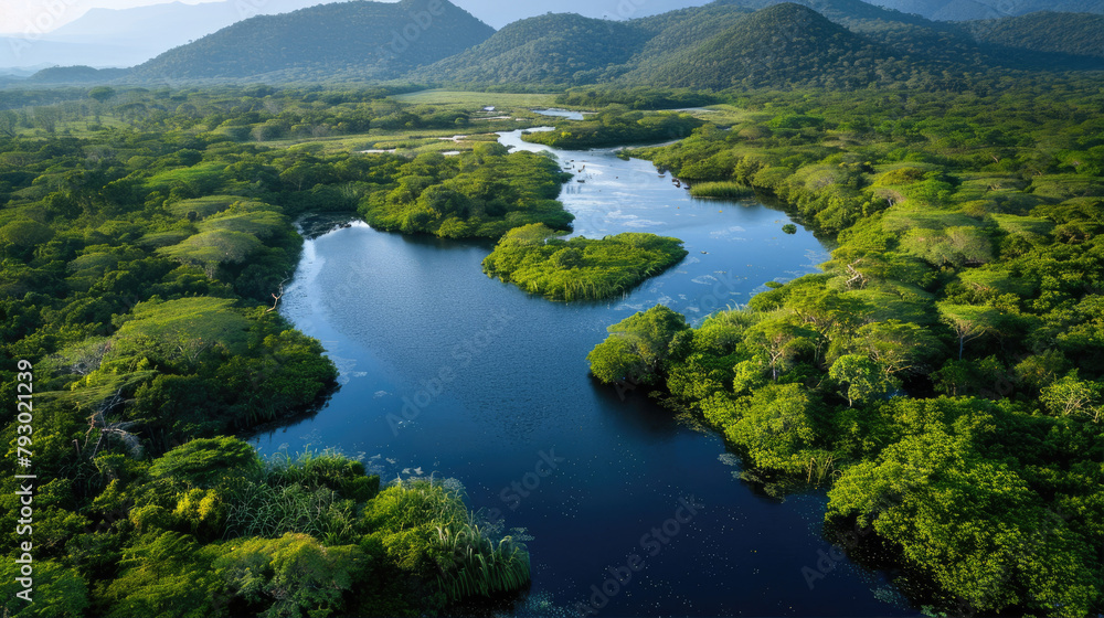 Aerial view of a river winding through lush mountains and trees