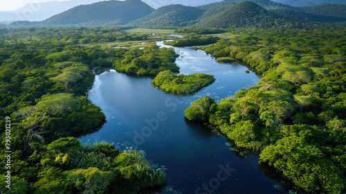 Aerial view of a river winding through lush mountains and trees