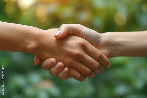 Two individuals shaking hands outdoors photo