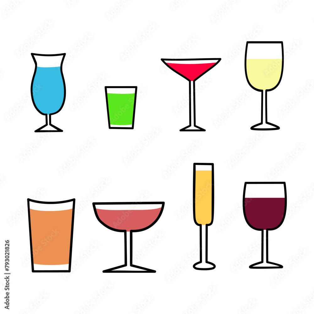 Cocktail glass icon set. Vector illustration in flat style. Cocktail glass icon set. Vector illustration in flat style.