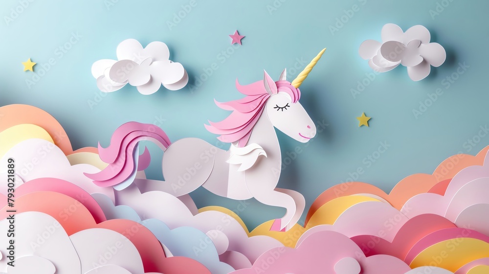 A 3D paper scene featuring a beaming unicorn among billowing clouds and pastel swirls perfect for inspiring childlike enchantment A 3D paper scene featuring a beaming unicorn among billowing clouds and pastel swirls perfect for inspiring childlike enchantment