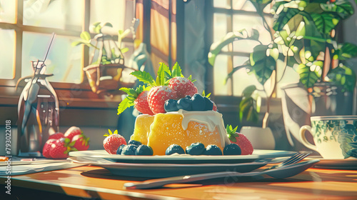 tasty anime manga breakfast, eggs, desert, morning, illustration, lofi vibes photo