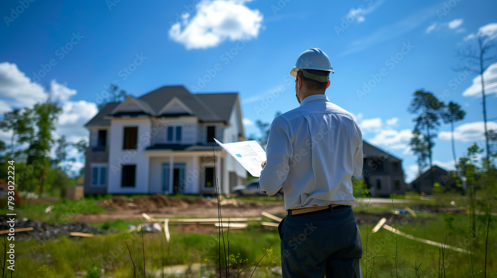 A construction foreman stands confidently beside a recently erected house, overseeing the building process