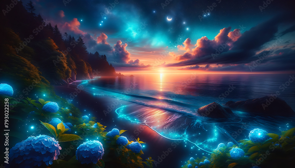 where the cosmos playfully merges with the earthly, stars sprinkling magic over hydrangea blooms, the ocean mirroring a sky alive with astral wonder. where the cosmos playfully merges with the earthly, stars sprinkling magic over hydrangea blooms, the ocean mirroring a sky alive with astral wonder.