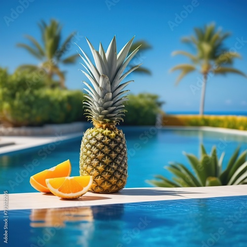 Beautiful pineapple against the backdrop of a swimming pool, no people. Tropical summer vacation concept. Summer sunny day on the beach.