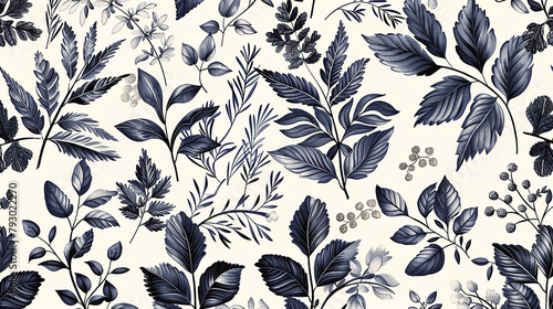 seamless pattern in all sides with blue monochrome leaves and flowers design in white background