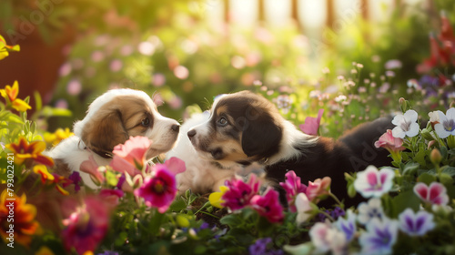 Among colorful flowers in a sun-drenched garden, adorable puppies playfully frolic, displaying joyful interactions and expressions in their enchanting surroundings photo