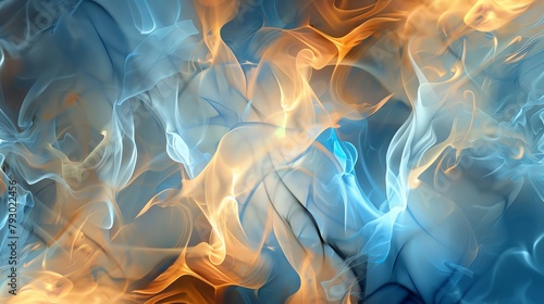 Fluid shapes of smoke in blue and gold intertwining ethereally to form a delicate and light visual expression photo