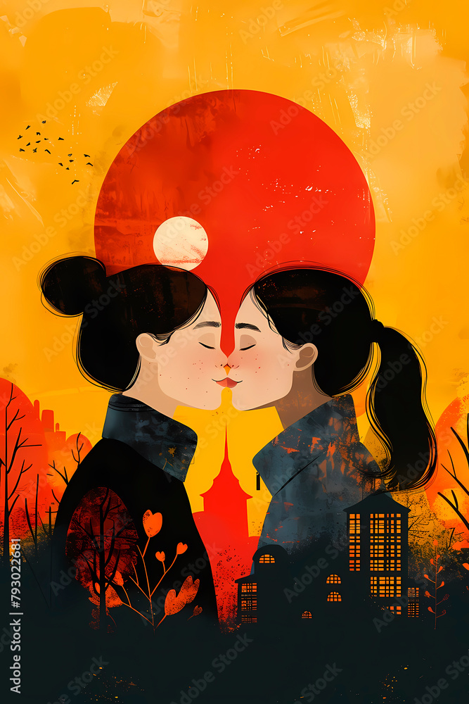 This illustration captures a tender moment between a gay couple with silhouettes set against a vibrant red sun, symbolizing LGTBIQ+ love and hope This illustration captures a tender moment between a gay couple with silhouettes set against a vibrant red sun, symbolizing LGTBIQ+ love and hope