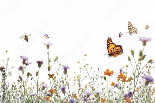 Ethereal beauty of a field of wildflowers, alive with the gentle buzzing of bees and the flutter of butterfly wings, isolated on pure white background.
