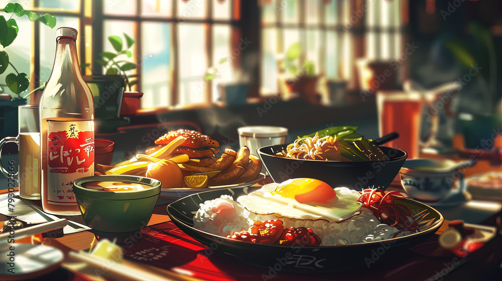 tasty anime manga breakfast, eggs, desert, morning, illustration, lofi vibes tasty anime manga breakfast, eggs, desert, morning, illustration, lofi vibes