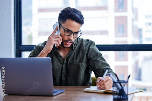 Businessman, phone call and notebook for planning in workplace for writing, agenda and networking. Male person, listen and connect in creative agency for talking, notes and conversation in office