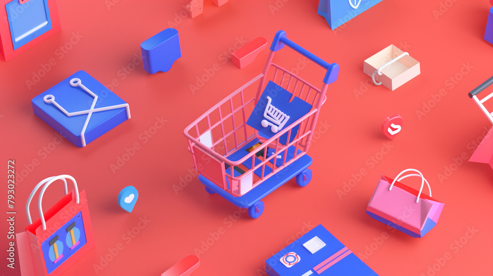 Fototapeta premium On a white canvas, a stylish 3D shopping cart icon stands out against a flawless white background, representing the ease of online shopping in e-commerce and retail during sales.