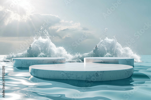 Two empty white circle podium on transparent clear calm water texture with splashes and waves in sunlight. Abstract nature background for product presentation. Flat lay cosmetic mockup, copy space, to