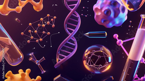 Bright 3D icons symbolize scientific fields, igniting curiosity. Lab instruments such as centrifuges and spectrometers demonstrate precision in research. photo