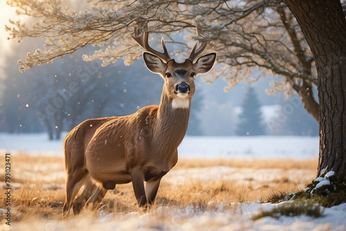 deer standing in a snow-covered meadow