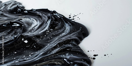 Swirling patterns of glossy black ferrofluid with magnetic spikes and droplets scattered across a smooth white surface, creating a striking contrast and a sense of dynamic movement photo