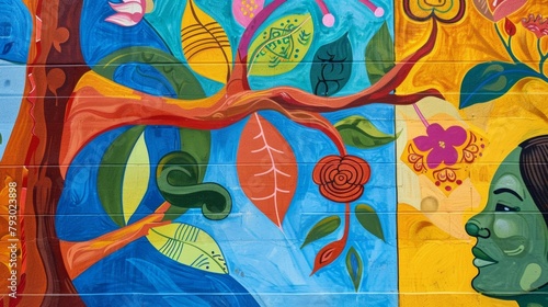 Closeup of a mural painted by local artists depicting the importance of community involvement in promoting wellness and selfsufficiency in healthcare. .