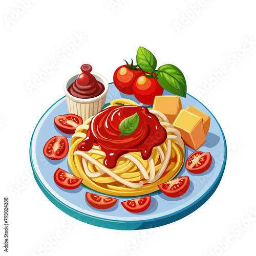 spaghetti with tomato, ketchup and cheeese on plate photo