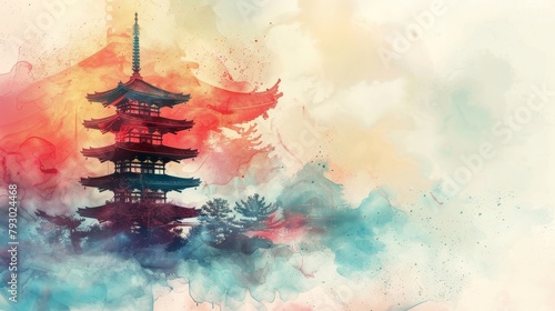 A pagoda in watercolor style on an light abstract paint background