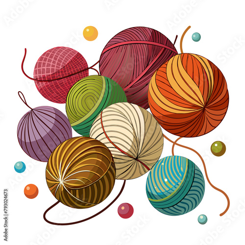 Balls of yarn with knitting needles. Clews, skeins of wool. Tools for knitwork, handicraft, crocheting, hand-knitting
