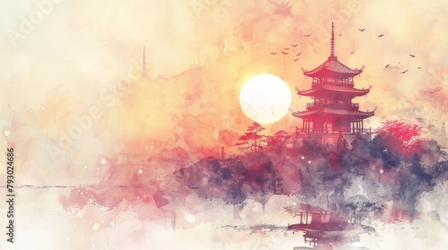 A pagoda in watercolor style on an light abstract paint background