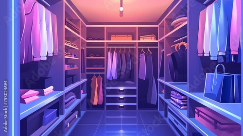 Home room interior belly with drawer cabinet and clothes hanging in closet, cartoon illustration style design, 3d