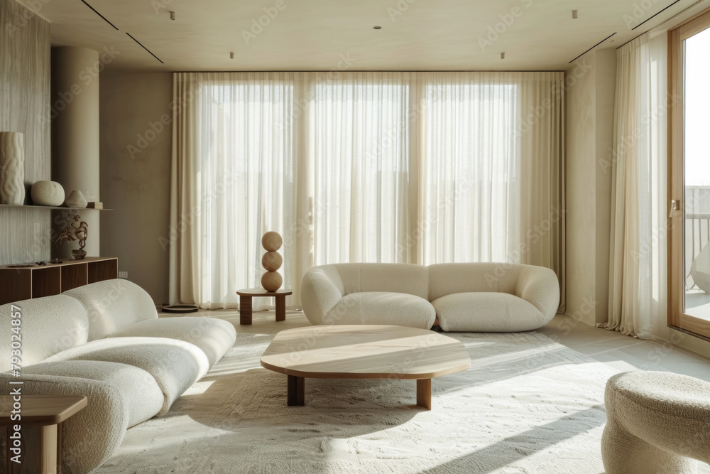 Fototapeta premium minimalist living room featuring beige sofas, a wooden coffee table, and a side table with spherical sculptures, complemented by sheer curtains and tasteful decor