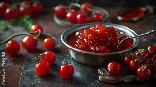 Confiture de tomates cerises, compotée de tomates cerises du jardin réduite en sauce photo