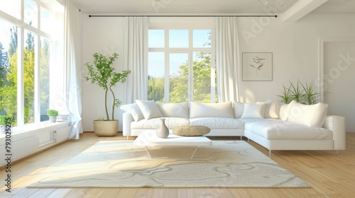Bright and airy living room with white sofa and rug